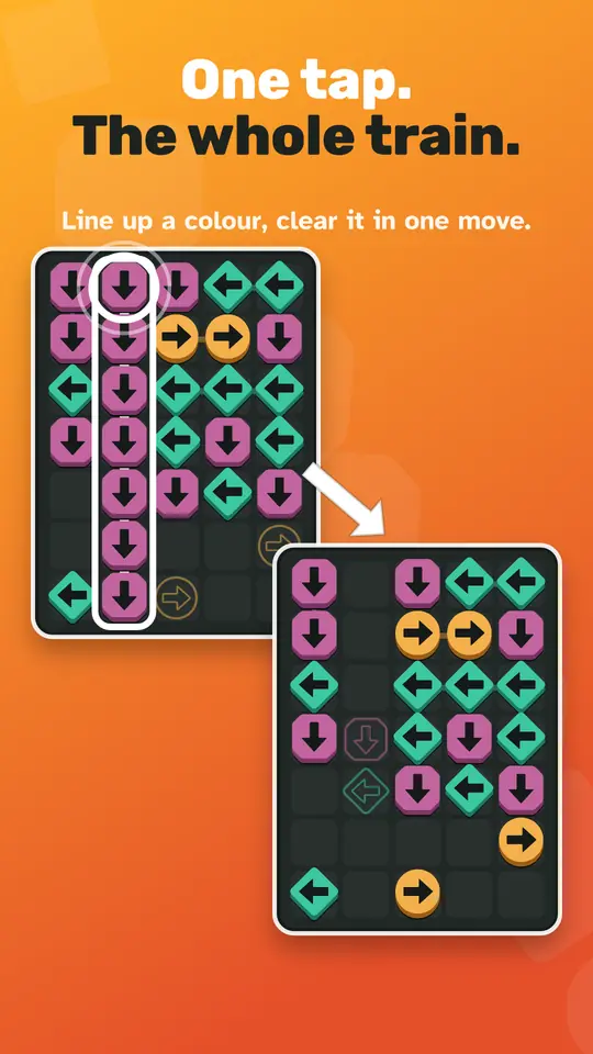 One tap. The whole train. A plum column of arrows leaves the board in one move.