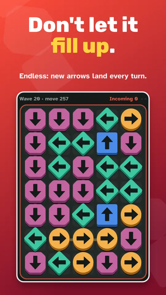 An Endless board nearly full of coloured arrows, with new ones landing.