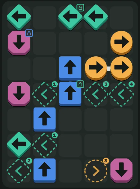 Level 47 in the Dark theme: arrow tiles and dashed arrivals on the dark board.