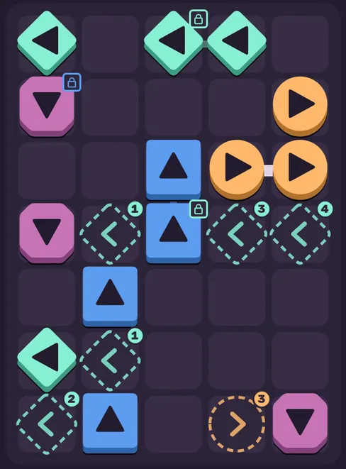 A Shove Off board in the Dusk theme: plum background, mint and pink arrow tiles.