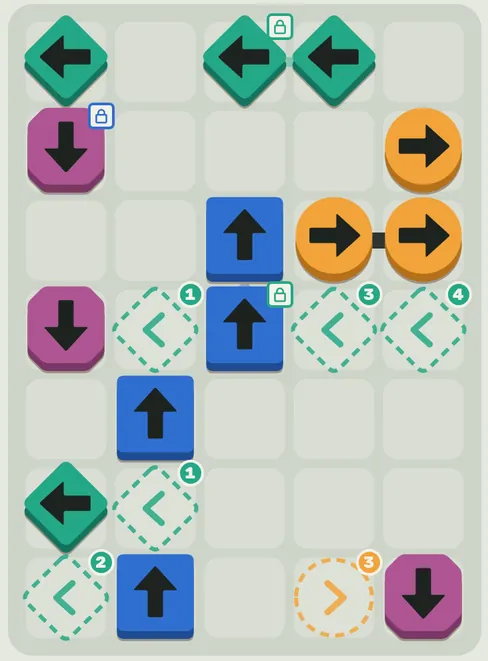 Level 47 in the Light theme: arrow tiles and dashed arrivals on the light board.